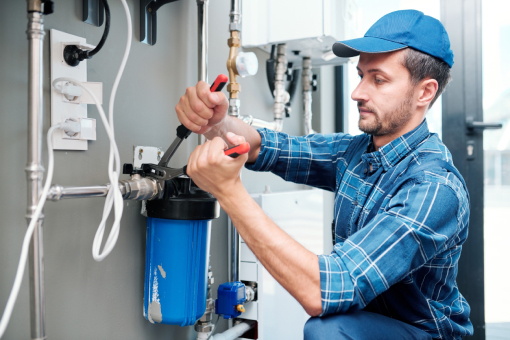 Plumber Installing Water Filter at a Commercial Property in Coplay Pennsylvania