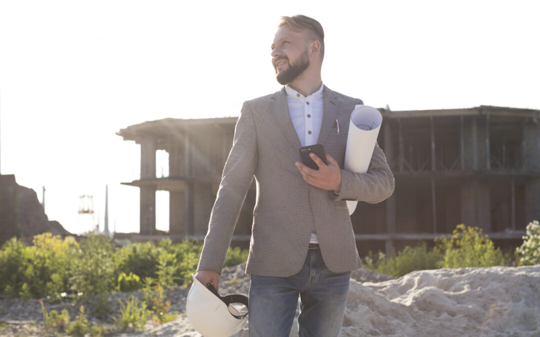 property manager holding a blueprint at construction site