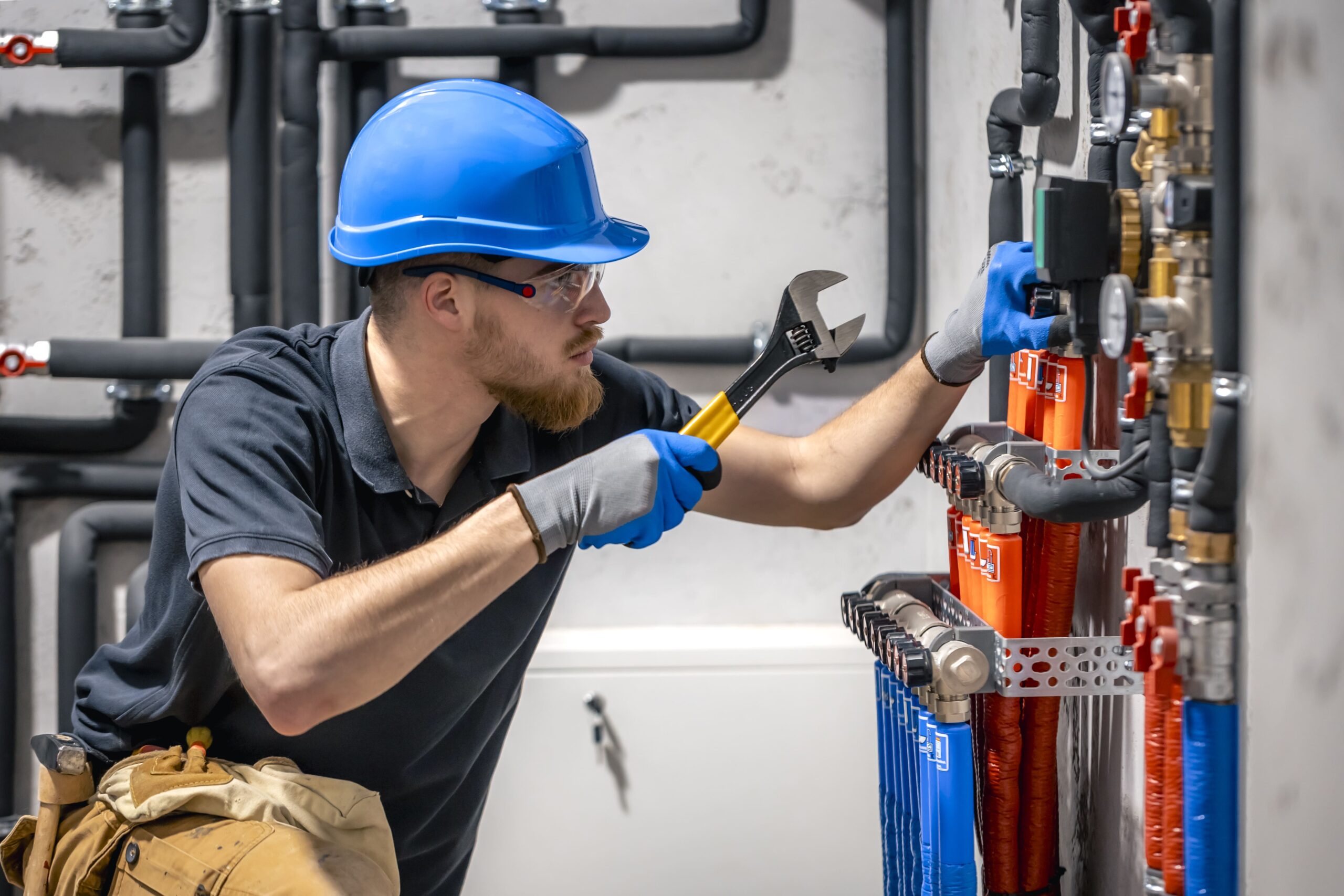 technician checking commercial heating system boiler room